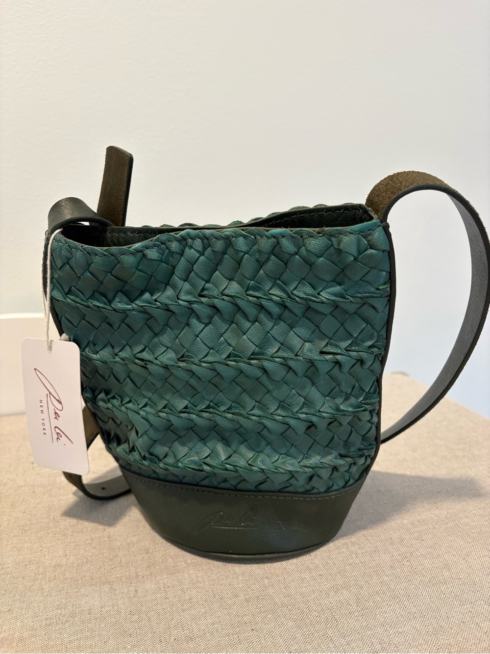Per Lei Green Woven Leather Crossbody Bag